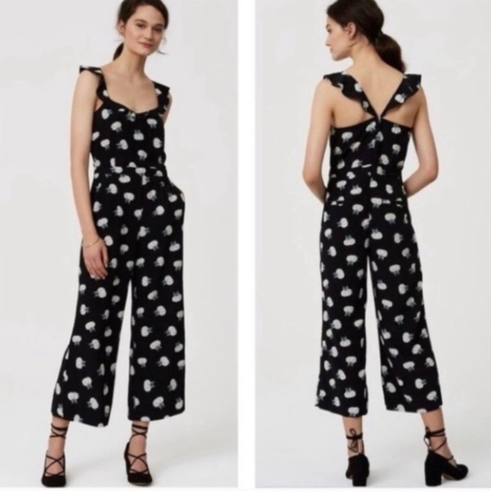 LOFT Flutter Strap‎ Cropped Floral Wide Leg Jumpsuit 00P Black Rayon Sleeveless